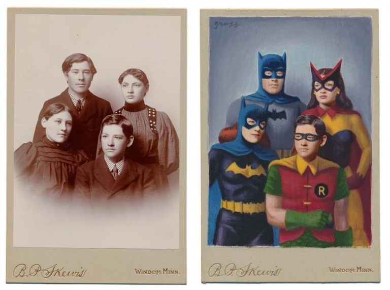 Superhéroes pintados sobre viejas fotografías de retratos