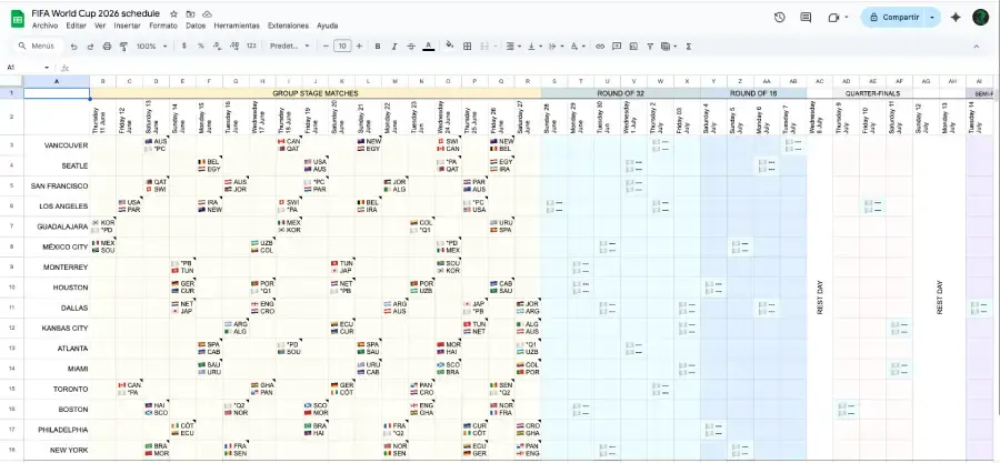 Calendario copa del Mundo en Excel