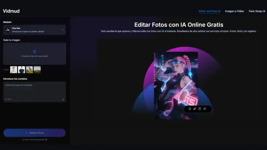 editar fotos con IA online gratis con Vidmud