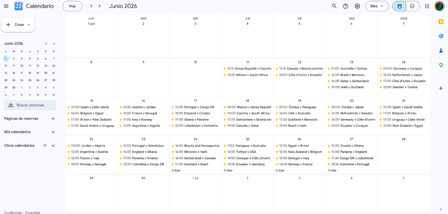 Calenadrio FIFA 2026 en Google Calendar