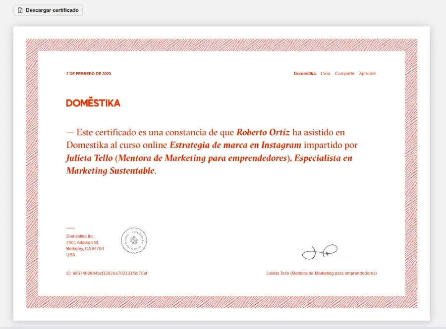 Certificado Domestika marketing para emprendedores