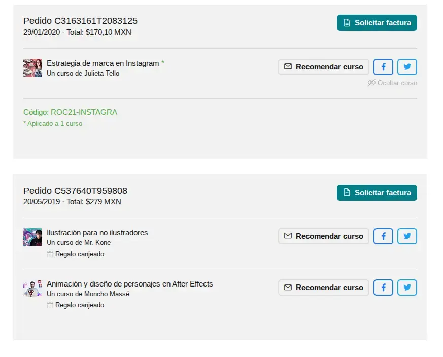 Facturas de cursos en Domestika